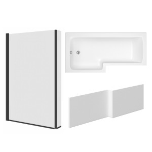 Leyland 1700mm L Shape Shower Bath Left Hand with Front Panel and Matt Black L Shape Bath Screen