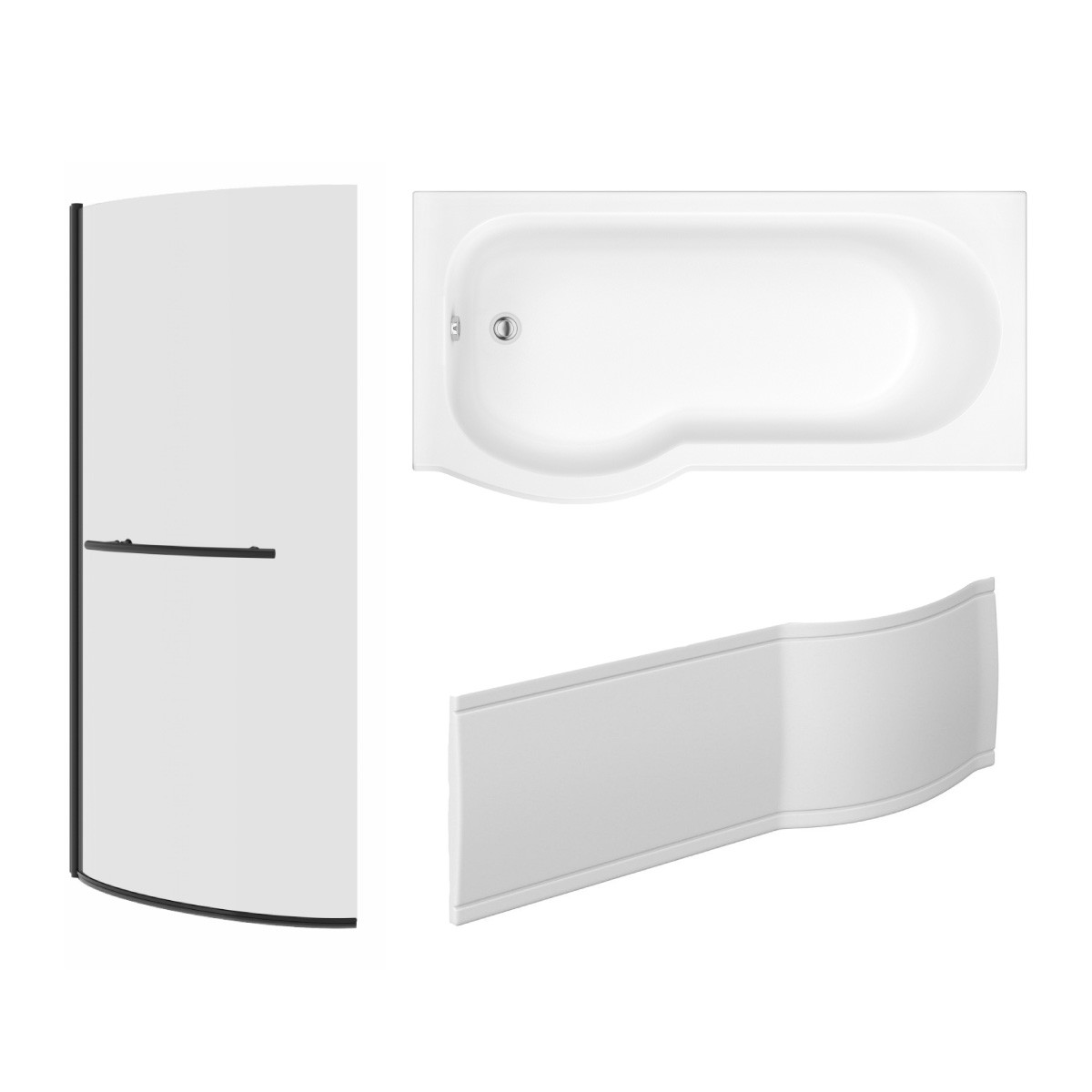 Pendle 1675mm P Shape Shower Bath Left Hand with Front Panel and Matt Black Bath Screen with Towel Rail