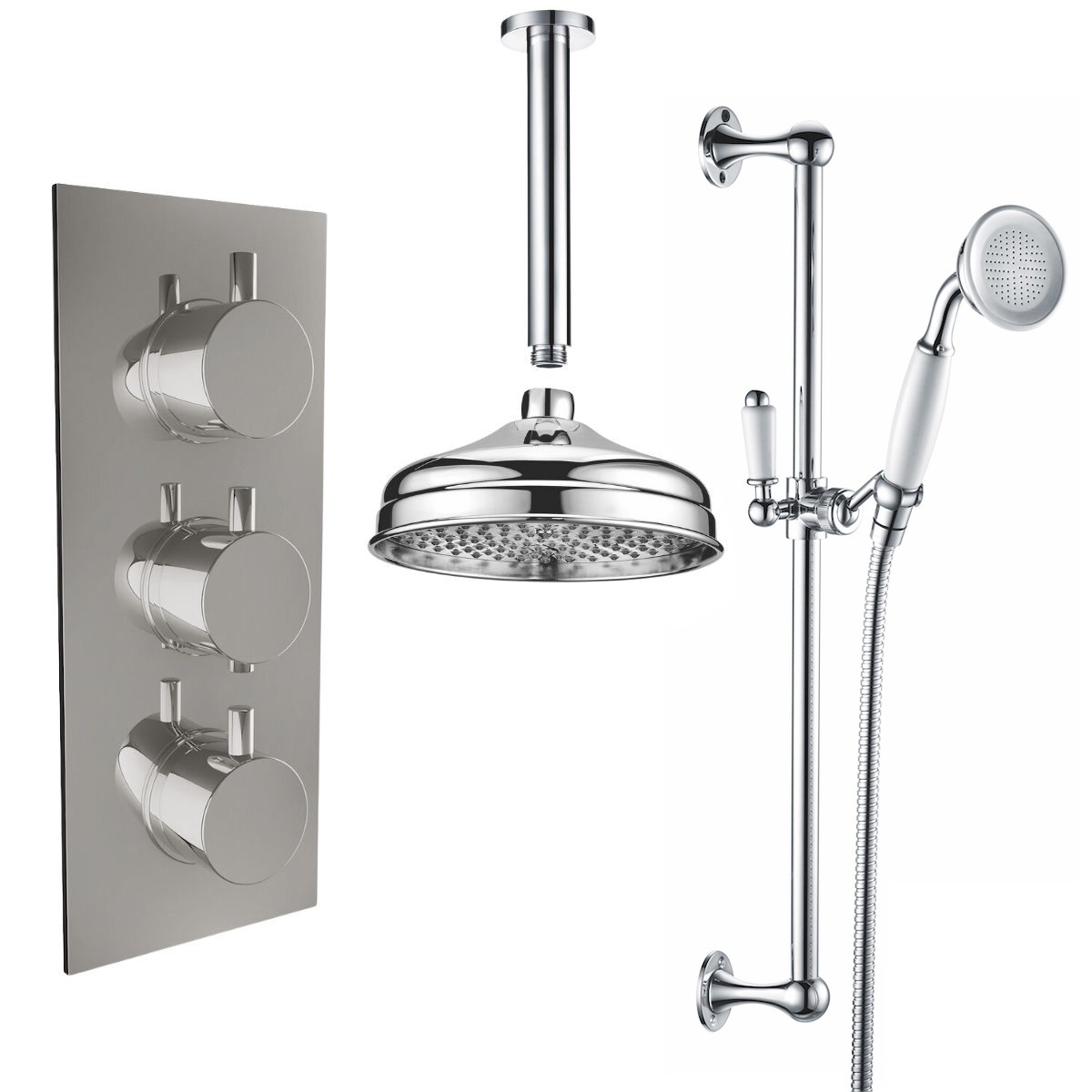 Melrose Traditional Chrome Triple Round Handle Concealed Valve with 200mm Traditional Shower Head, Riser Rail and Ceiling Arm (2 Outlet)