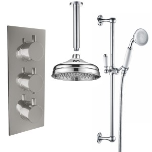 Melrose Traditional Chrome Triple Round Handle Concealed Valve with 200mm Traditional Shower Head, Riser Rail and Ceiling Arm (2 Outlet)