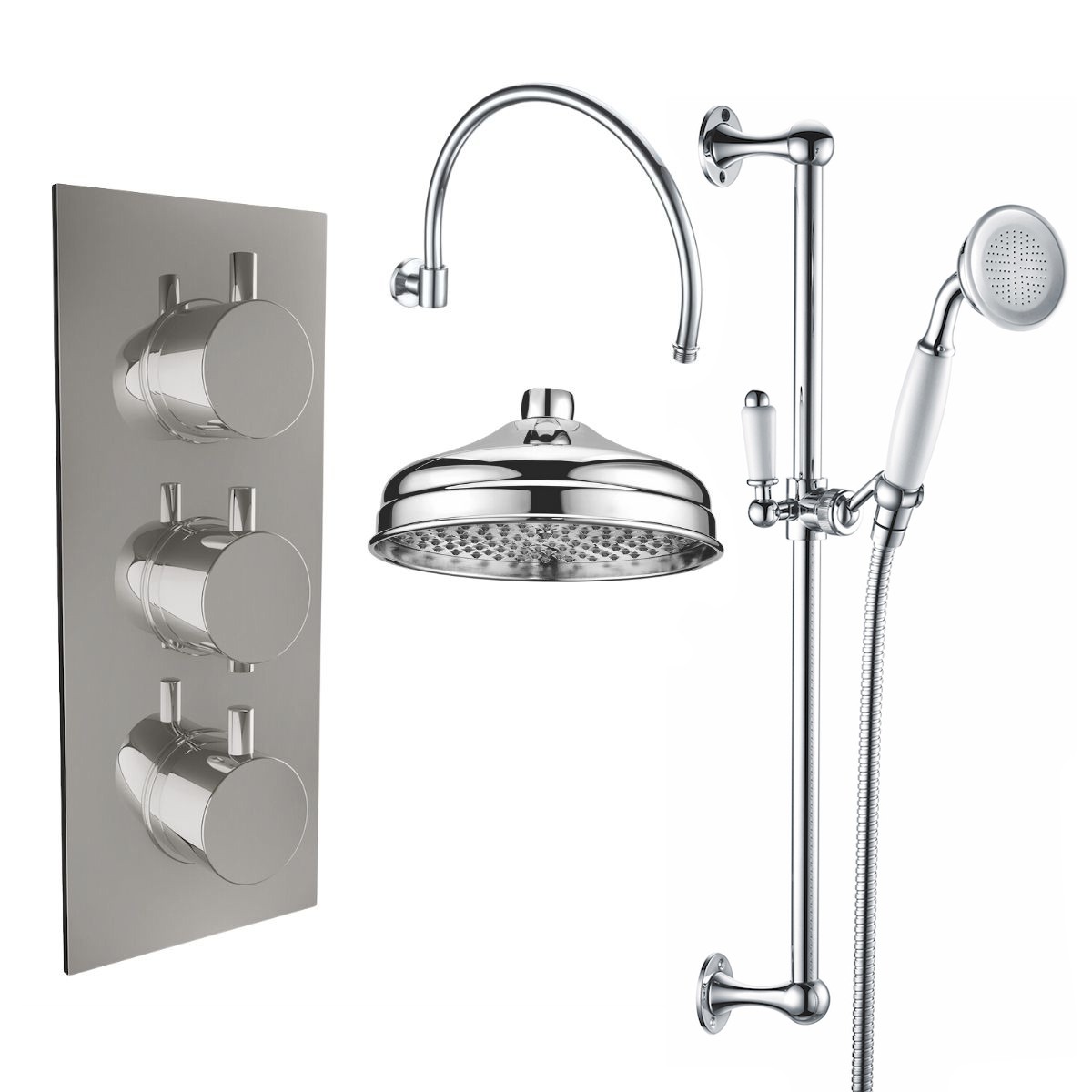 Melrose Traditional Chrome Triple Round Handle Concealed Valve with 200mm Traditional Shower Head and Riser Rail (2 Outlet)