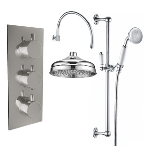 Melrose Traditional Chrome Triple Round Handle Concealed Valve with 200mm Traditional Shower Head and Riser Rail (2 Outlet)